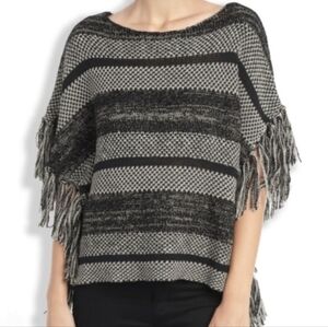 Lucky Brand Poncho Women Medium Black Striped Fringe Granny Shrug Cape Boho Boxy